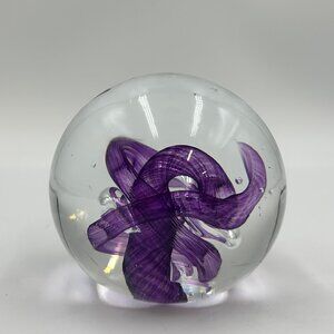 Art Glass Paperweight Clear Orb Purple Ribbon Swirl Controlled Bubble